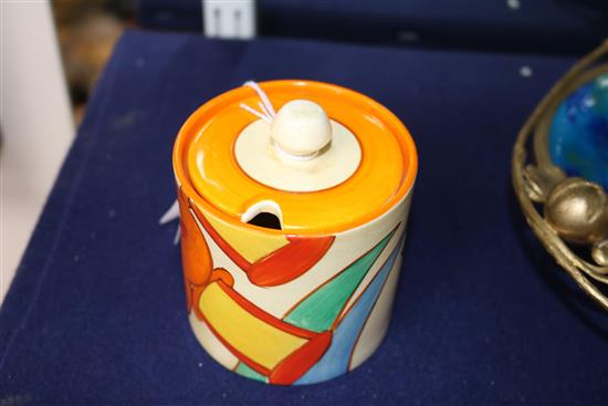 A Clarice Cliff Bobbins preserve pot and cover height 9cm